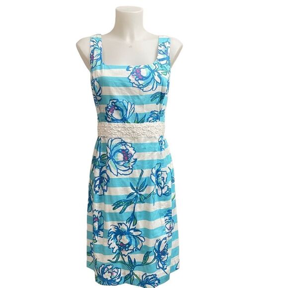 Lilly Pulitzer Tossing the Line Serena Striped Dress sz 10 Floral‎ Beaded Blue - Picture 1 of 13